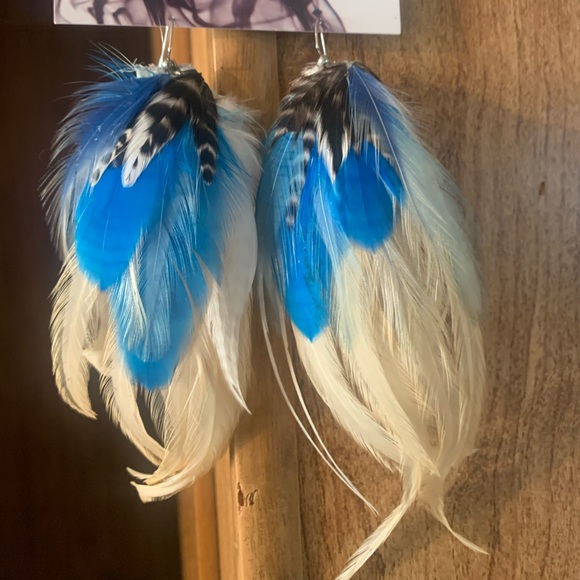 None Jewelry - Blue White Cream Genuine Leather Festival Earrings NWT